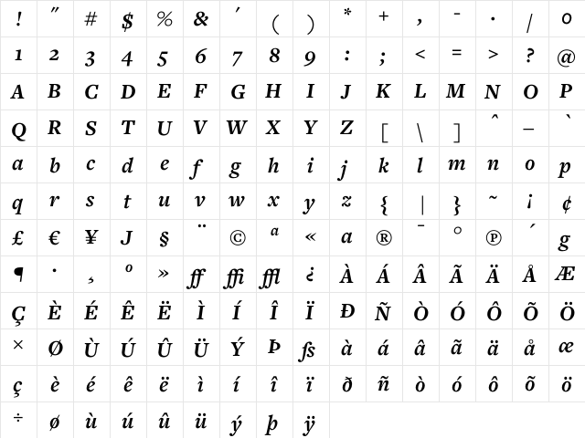 Freight Text Bold Italic  glyph index