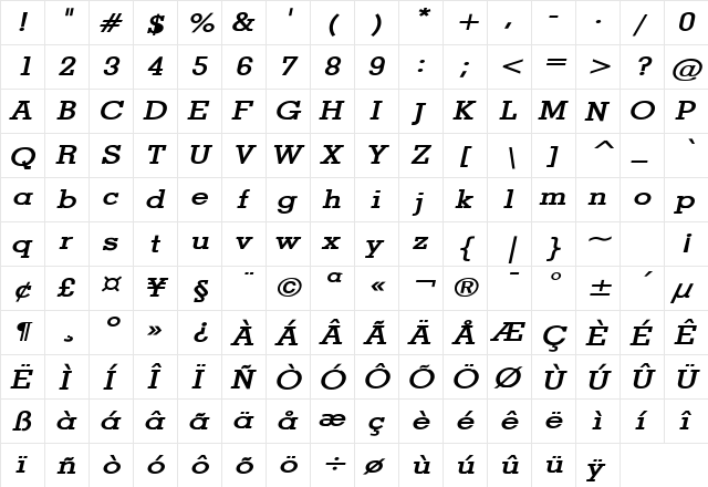 Geo Wide Bold Italic  glyph index