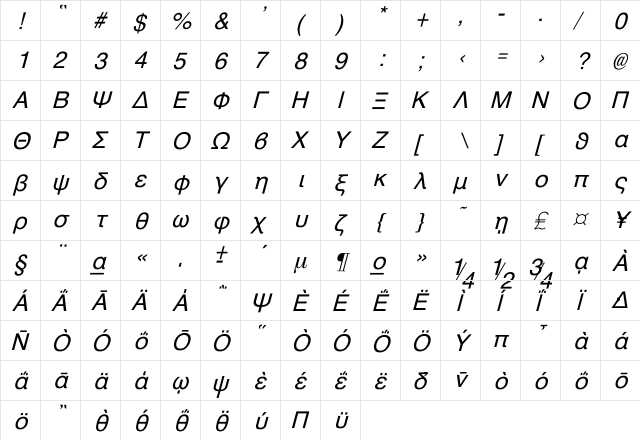 Athens Greek Italic  glyph index