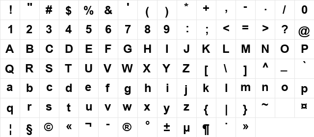 Arial Cyr Bold  glyph index