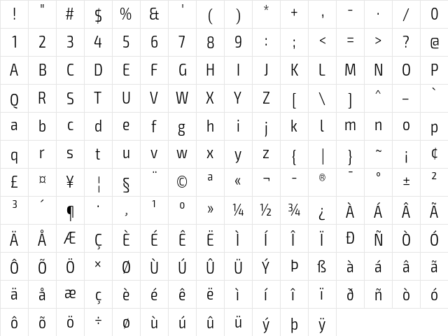 Exo 2 Light Condensed  glyph index
