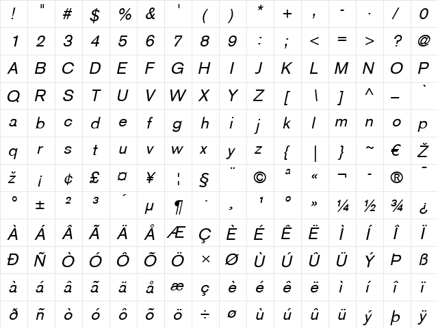 BasicCommercial LT Roman Italic  glyph index