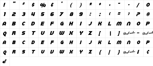 SF Juggernaut Condensed2 Bold Italic  glyph index