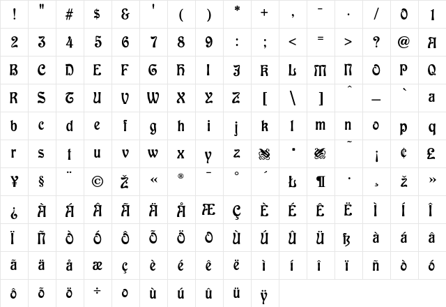 Baldur Regular  glyph index