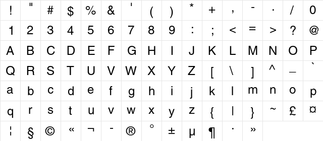 HeliosC Regular  glyph index