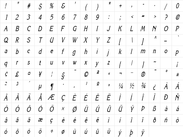 KaneCondensed Italic  glyph index