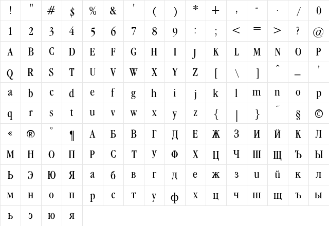 Garamond_Condenced-Normal Regular  glyph index