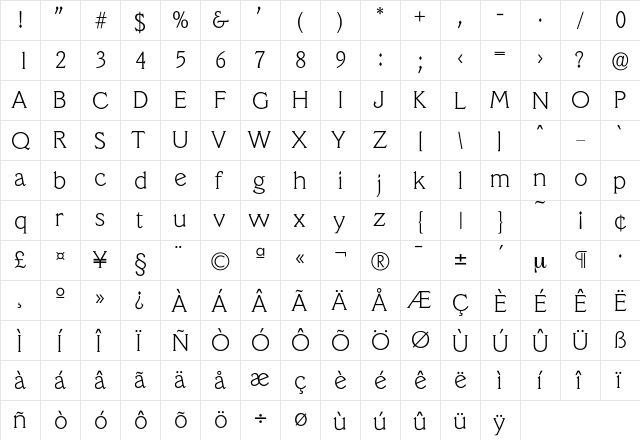 Veracruz-Xlight Regular  glyph index