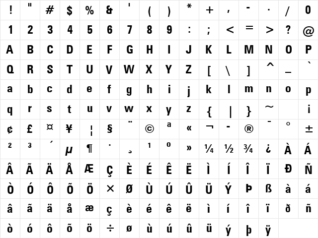 Zurich Bold  glyph index