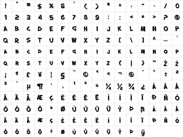 SF Slapstick Comic SC Shaded Regular  glyph index