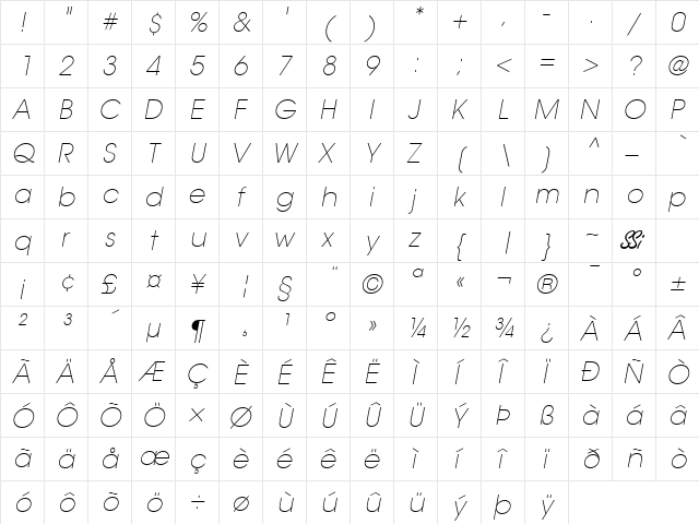Trendex Light SSi Extra Light Italic  glyph index