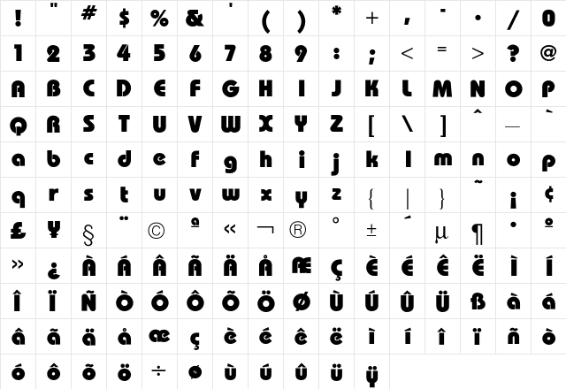 Bauhaus Heavy  glyph index