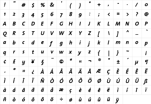 TheSansBold-Italic Regular  glyph index