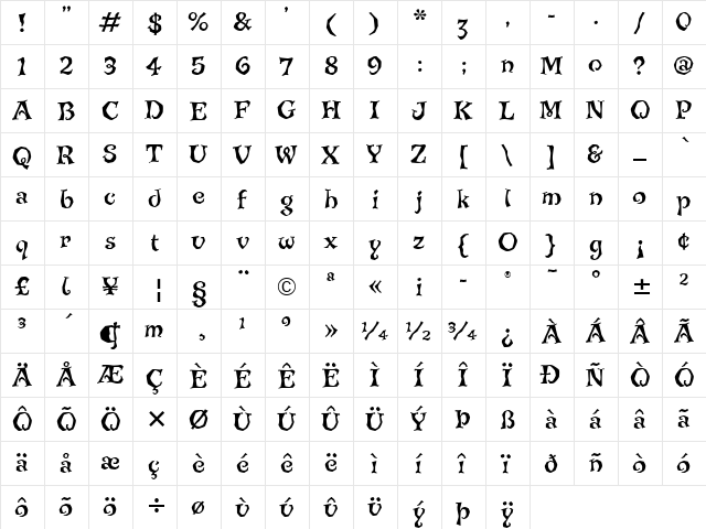 Jiggery Pokery ITC Regular  glyph index