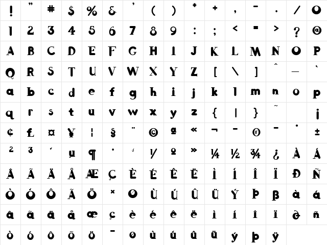 Reefrash Regular  glyph index