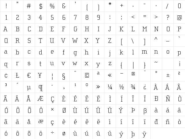 ChollaSlabThin Regular  glyph index