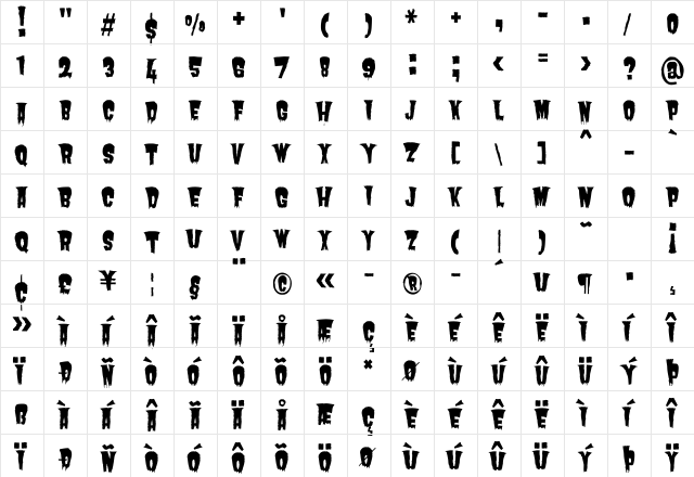 Butcherman Regular  glyph index