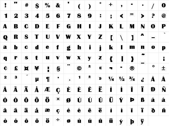Britannic Becker Ultra Regular  glyph index