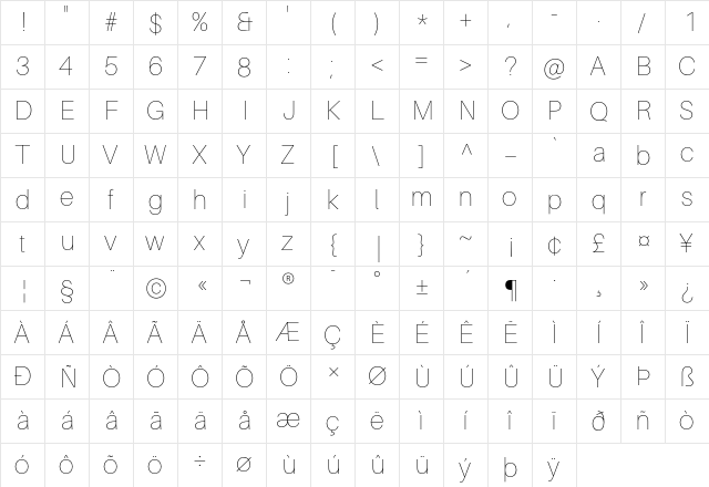 Aileron UltraLight Regular  glyph index
