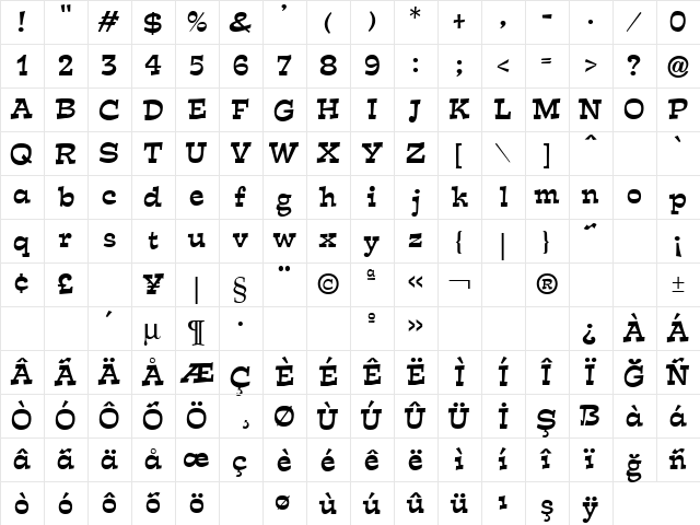 TR Expo Regular  glyph index