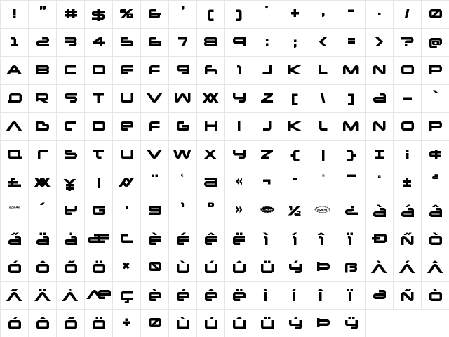 New Mars Regular  glyph index