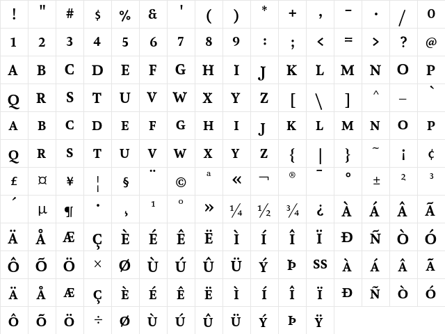 AtmaSerifLF-BoldRomanQC Regular  glyph index