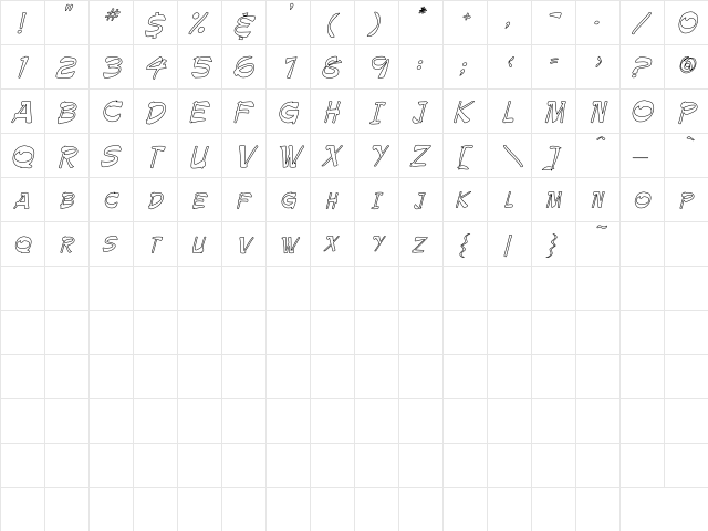 Paintbrush Hollow Regular  glyph index