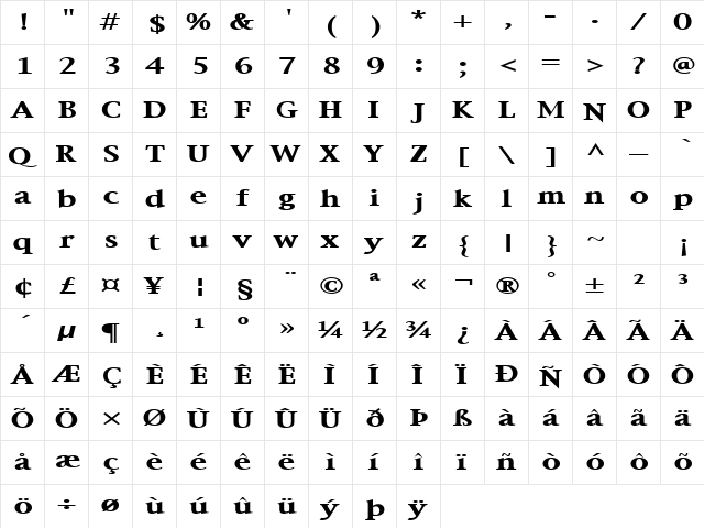 Techno Regular  glyph index