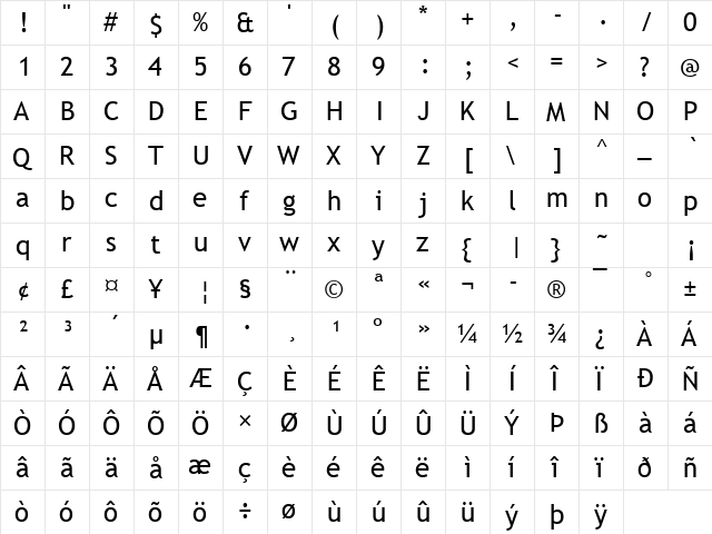 Trebuchet MS Regular  glyph index