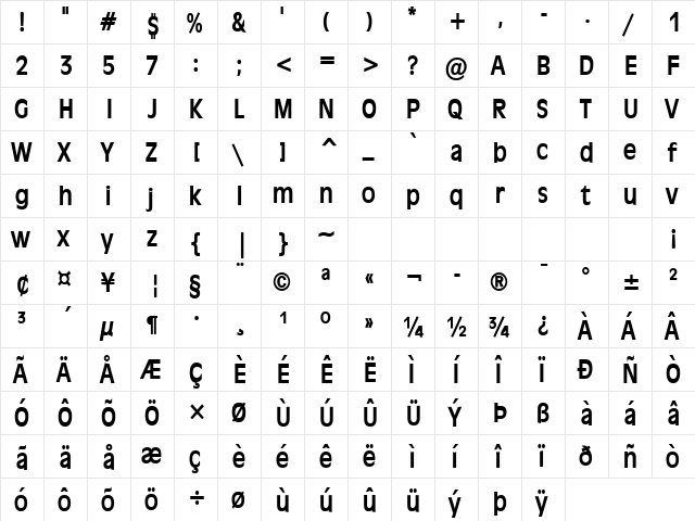 Antiqua 101-Condensed Bold  glyph index