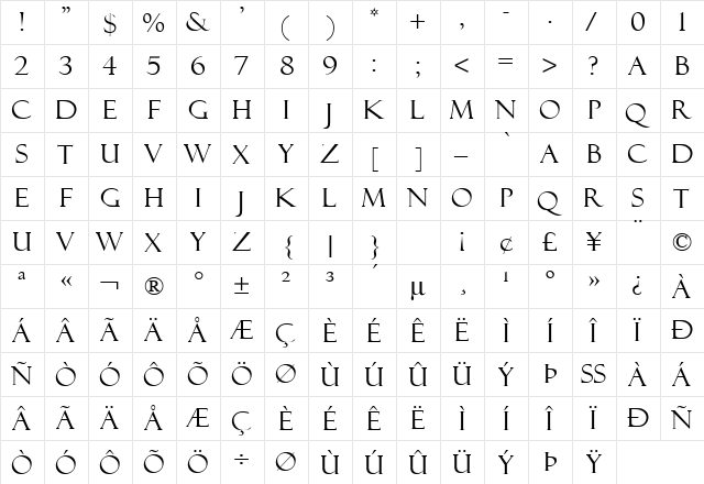Felix Titling MT Regular  glyph index