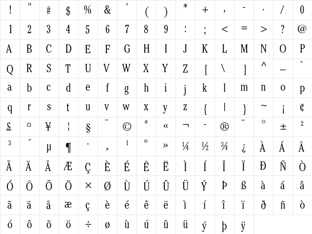 ITC Cheltenham Light Condensed  glyph index