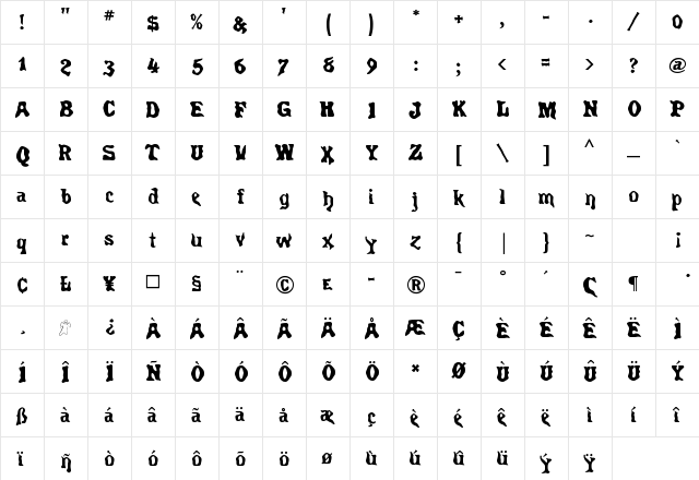 Spirits Regular  glyph index