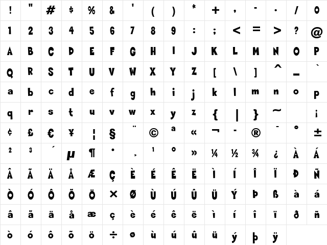 Sneakerhead BTN Condensed Regular  glyph index