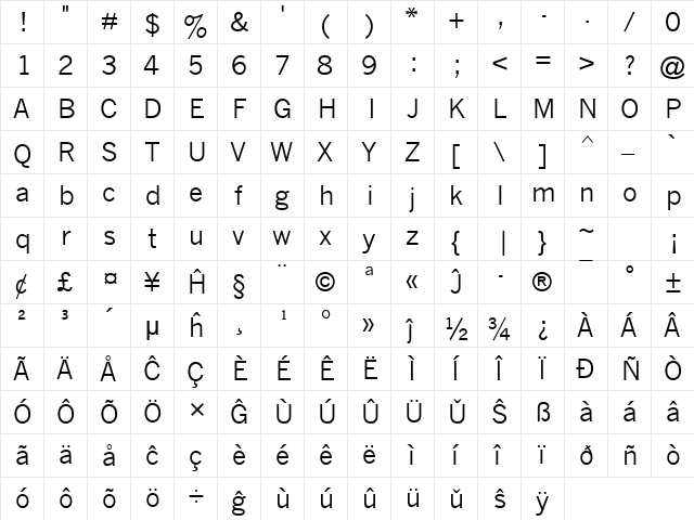 News Gothic MT Eo Regular  glyph index