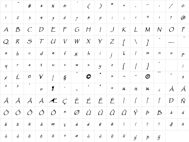 Chalk-Condensed Bold Italic  glyph index