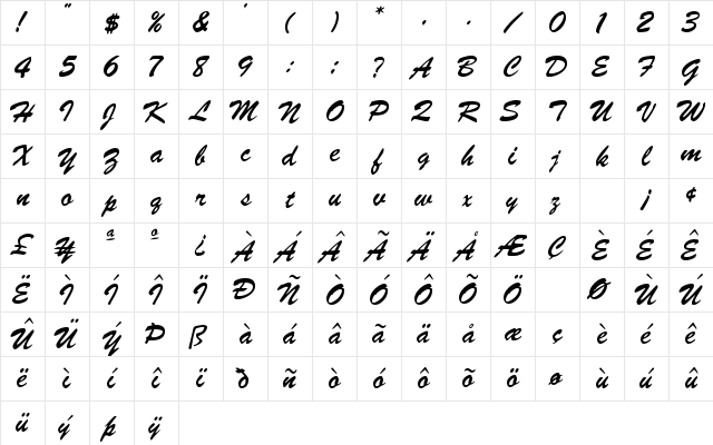 Brussels Regular  glyph index