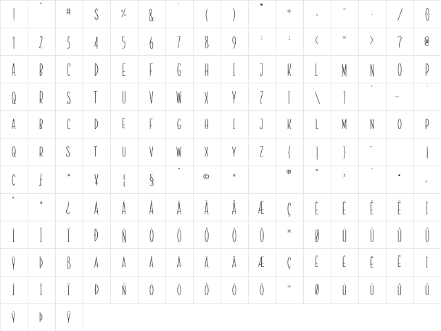 LaQuestro Regular  glyph index