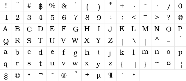 BookmanC Regular  glyph index
