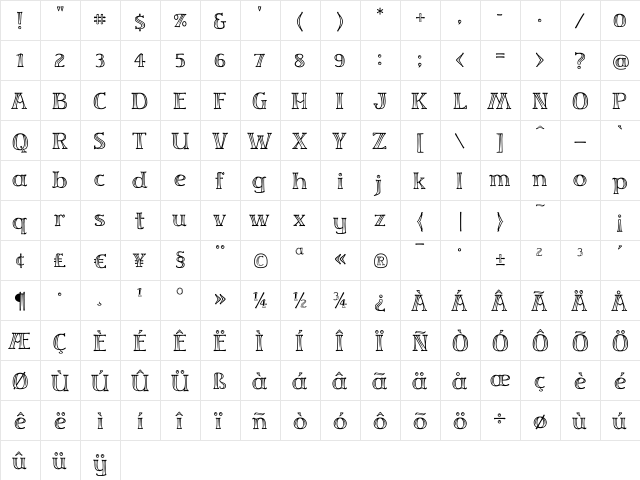 ZebraRegular Regular  glyph index