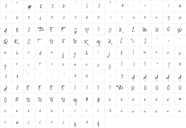 The Caldwell script Regular  glyph index
