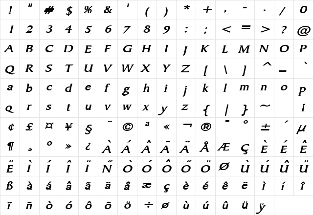 Barrett Wide Bold Italic  glyph index