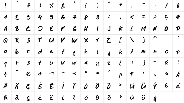 enyon handwrite Regular  glyph index