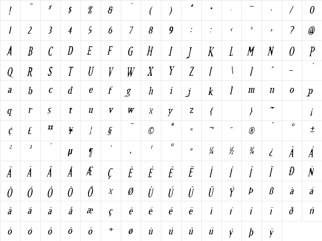 Kallamar Italic  glyph index