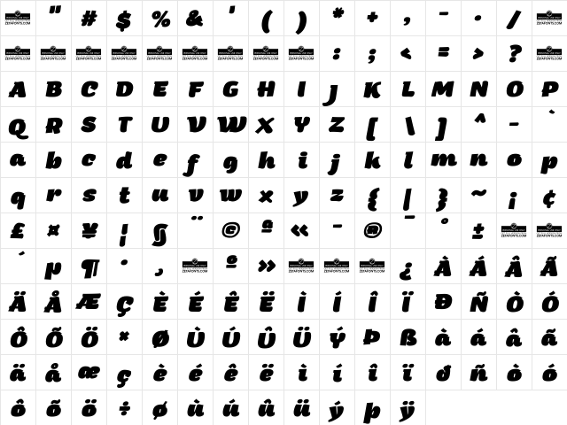 Arturo Trial Heavy Italic  glyph index