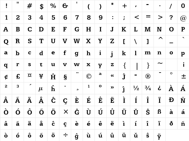 Egyptian505 BT Eo Bold  glyph index