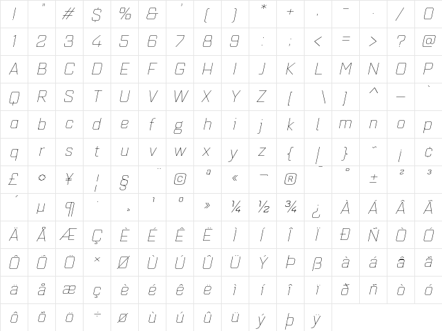 Quarca Ext Thin Italic  glyph index