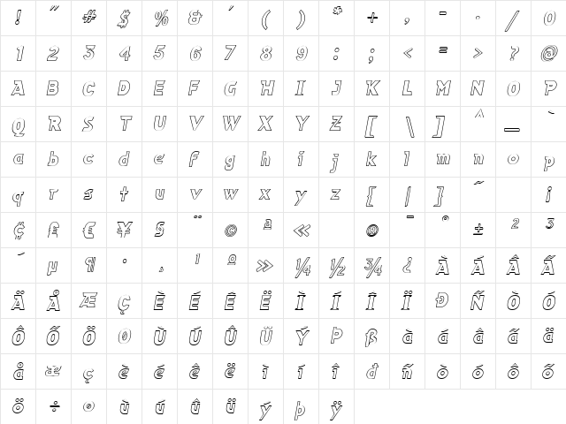 CubanOutline Italic  glyph index