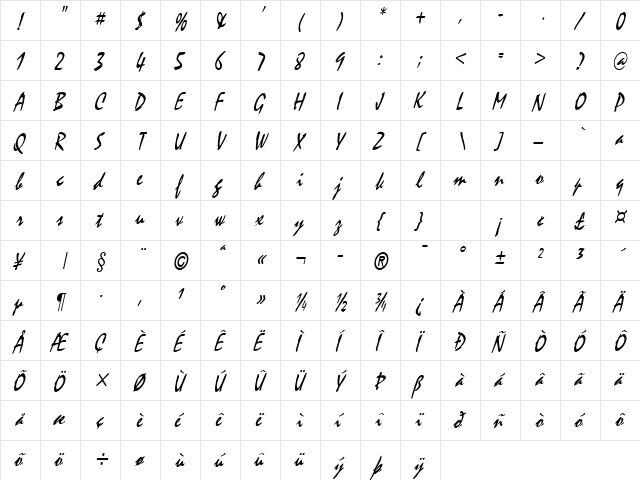 Mystic-Condensed Italic  glyph index