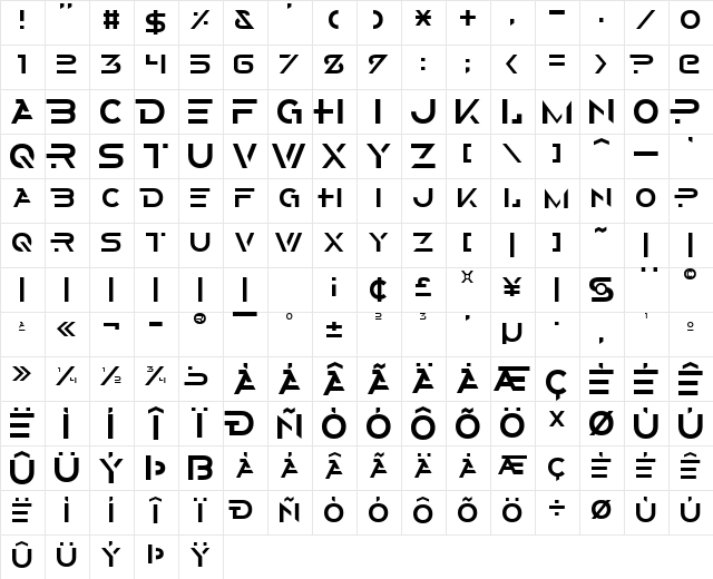 Alternity Regular  glyph index